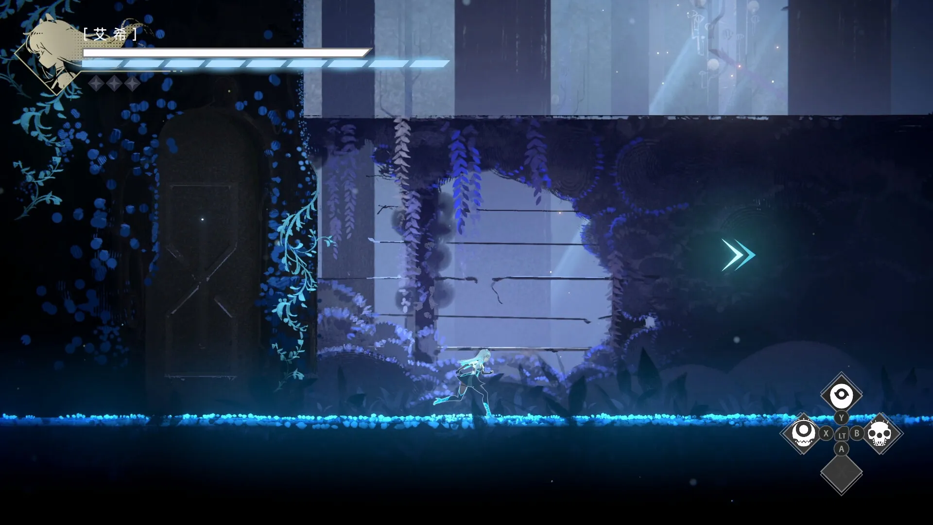 A dark ruined corridor in After ICEY: a small silver-haired figure runs along a band of glowing cyan grass beneath a lit doorway, with the narrator's cyan arrow pointing onward.