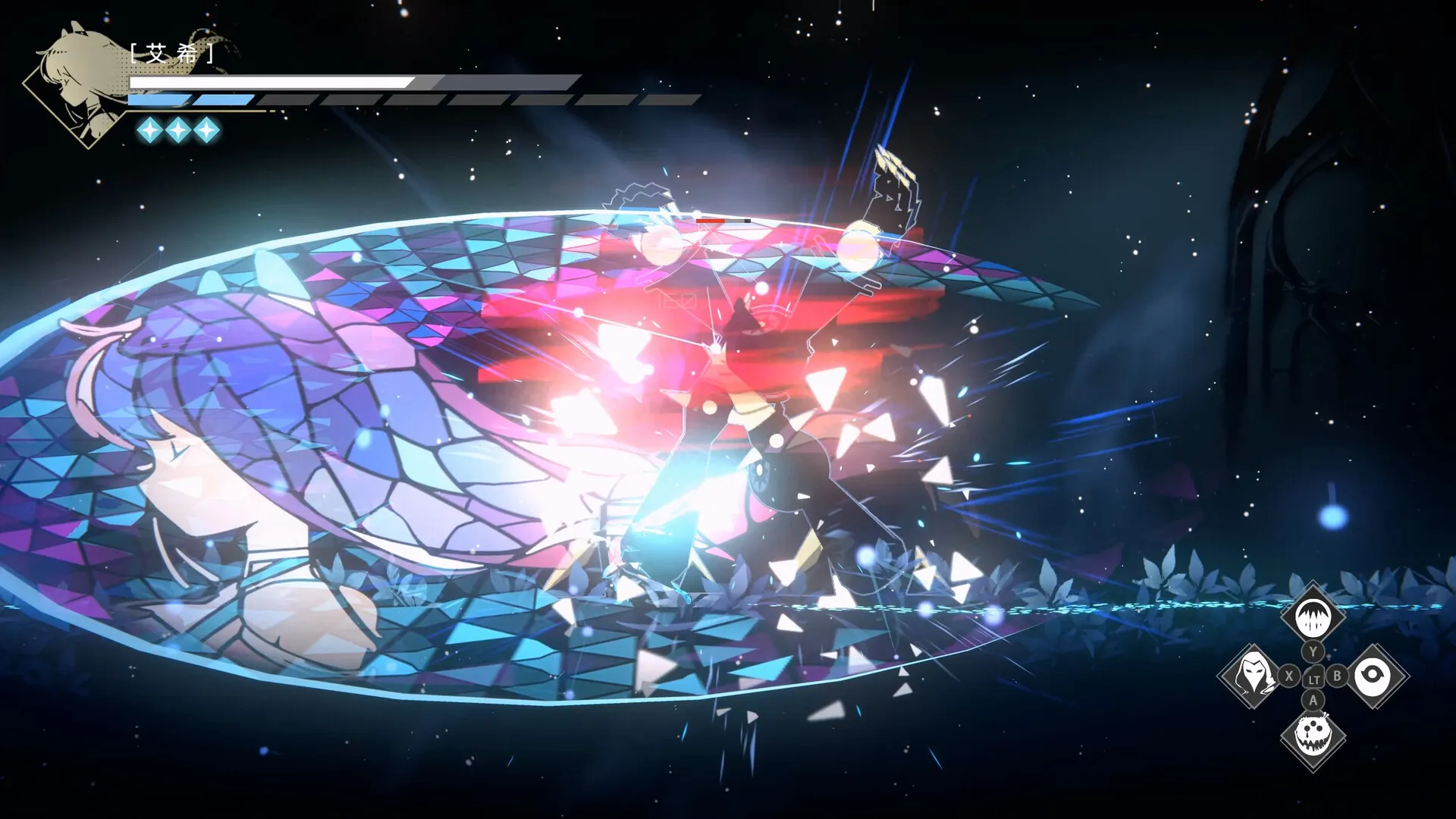 A vast stained-glass eye arches across a dark space, its mosaic panels reflecting the pale face of ICEY.